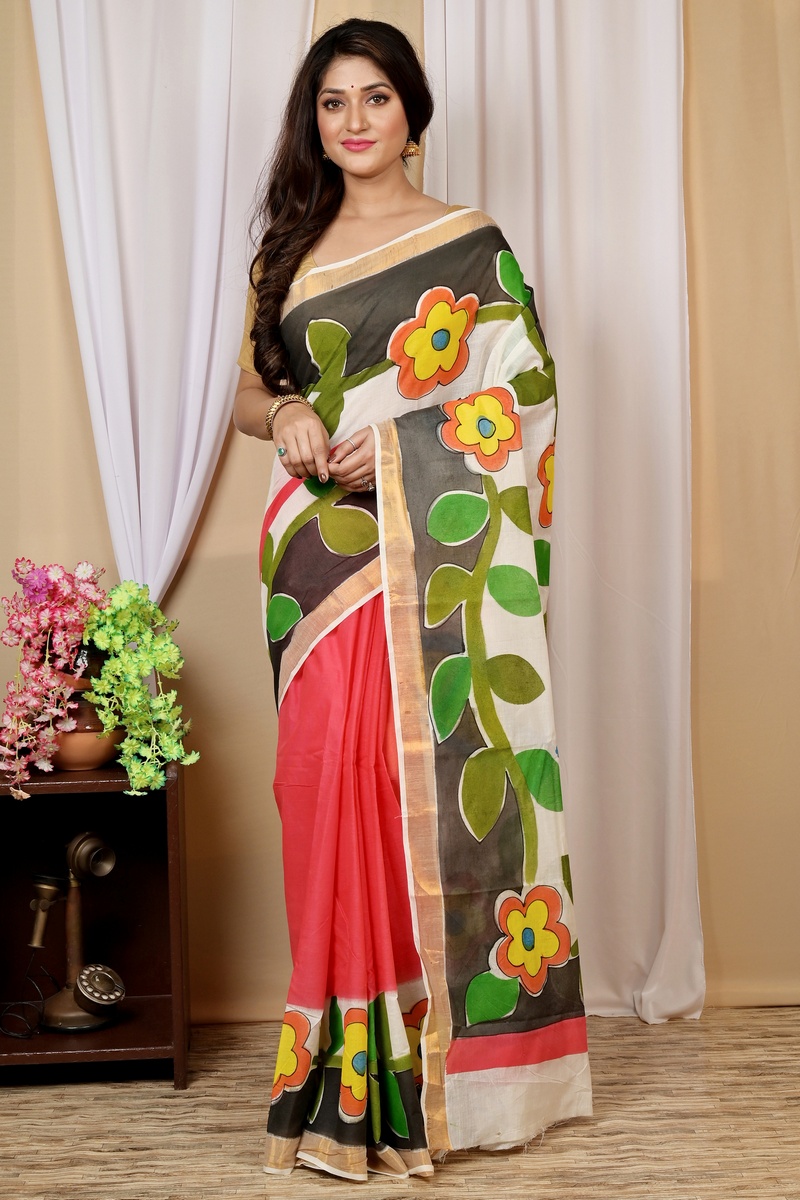 Multi-Coloured Pure Cotton Hataka Hand Painted Saree (9040)