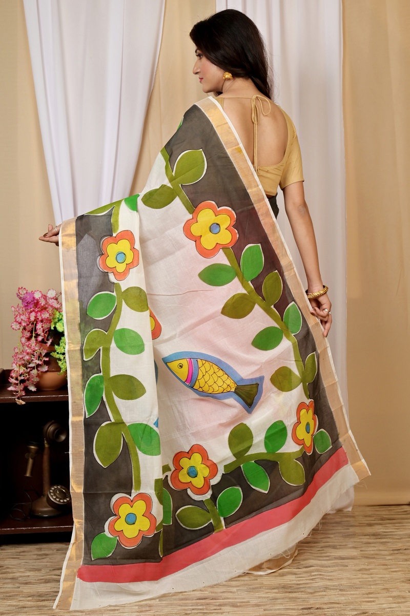 Multi-Coloured Pure Cotton Hataka Hand Painted Saree (9040)