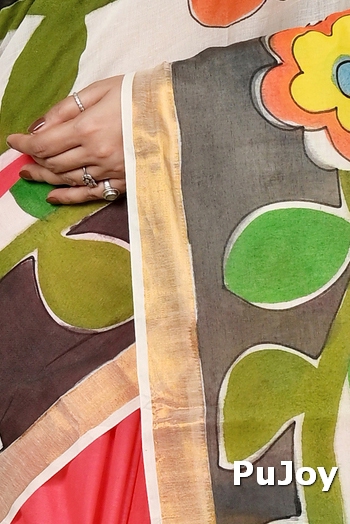 Multi-Coloured Pure Cotton Hataka Hand Painted Saree (9040)