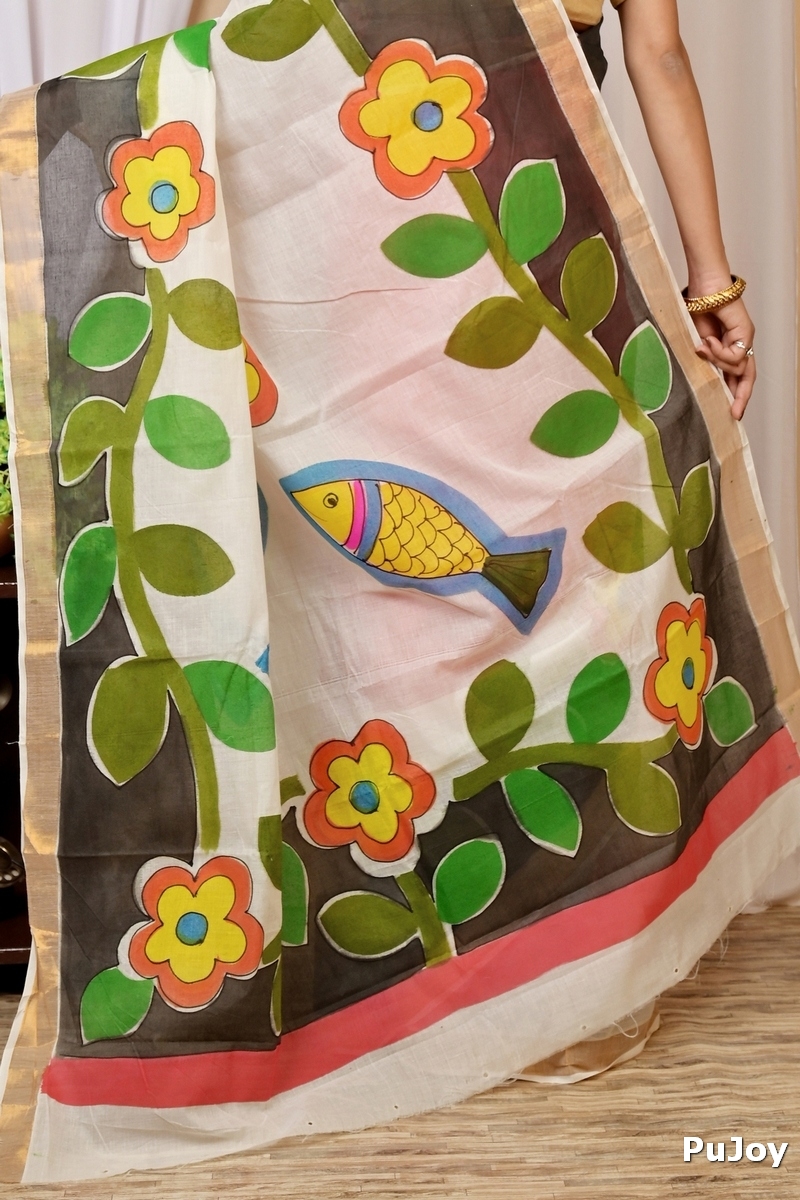 Multi-Coloured Pure Cotton Hataka Hand Painted Saree (9040)