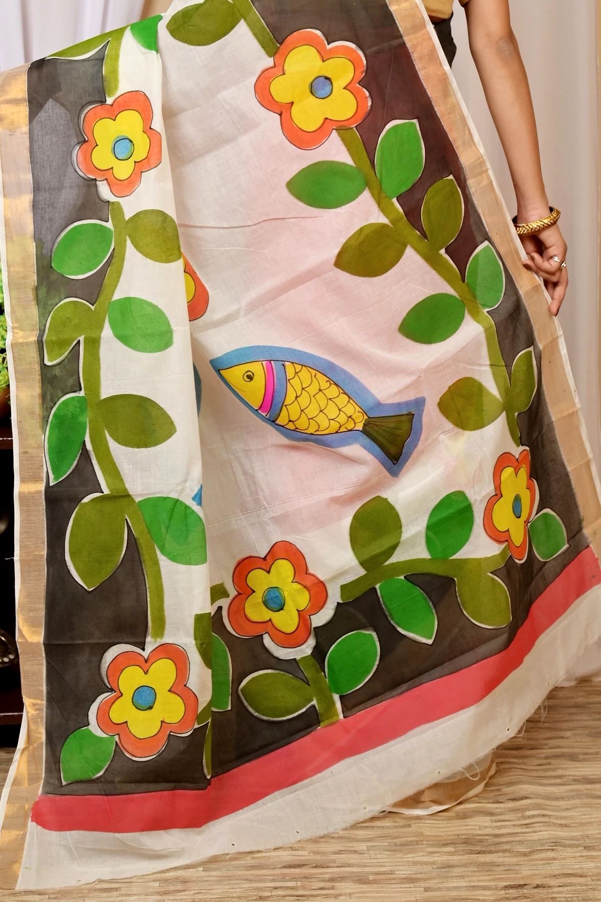 Multi-Coloured Pure Cotton Hataka Hand Painted Saree (9040)