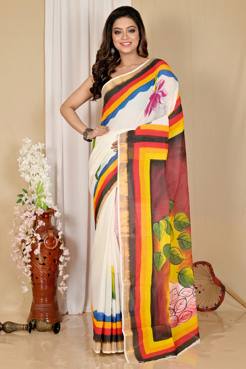 Multi-Coloured Pure Cotton Hataka Hand Painted Saree (9041)
