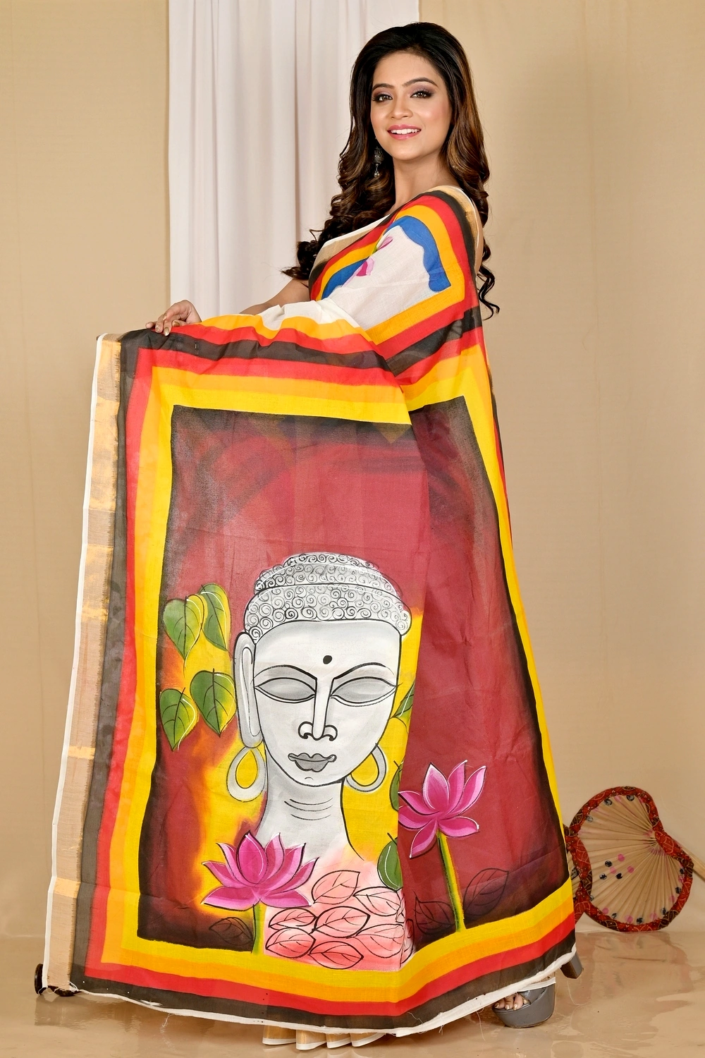 Multi-Coloured Pure Cotton Hataka Hand Painted Saree (9041)