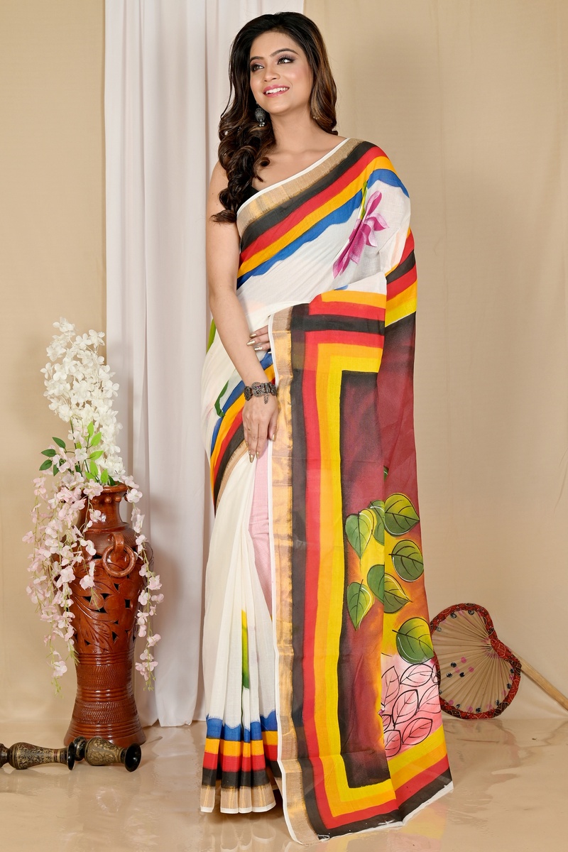 Multi-Coloured Pure Cotton Hataka Hand Painted Saree (9041)