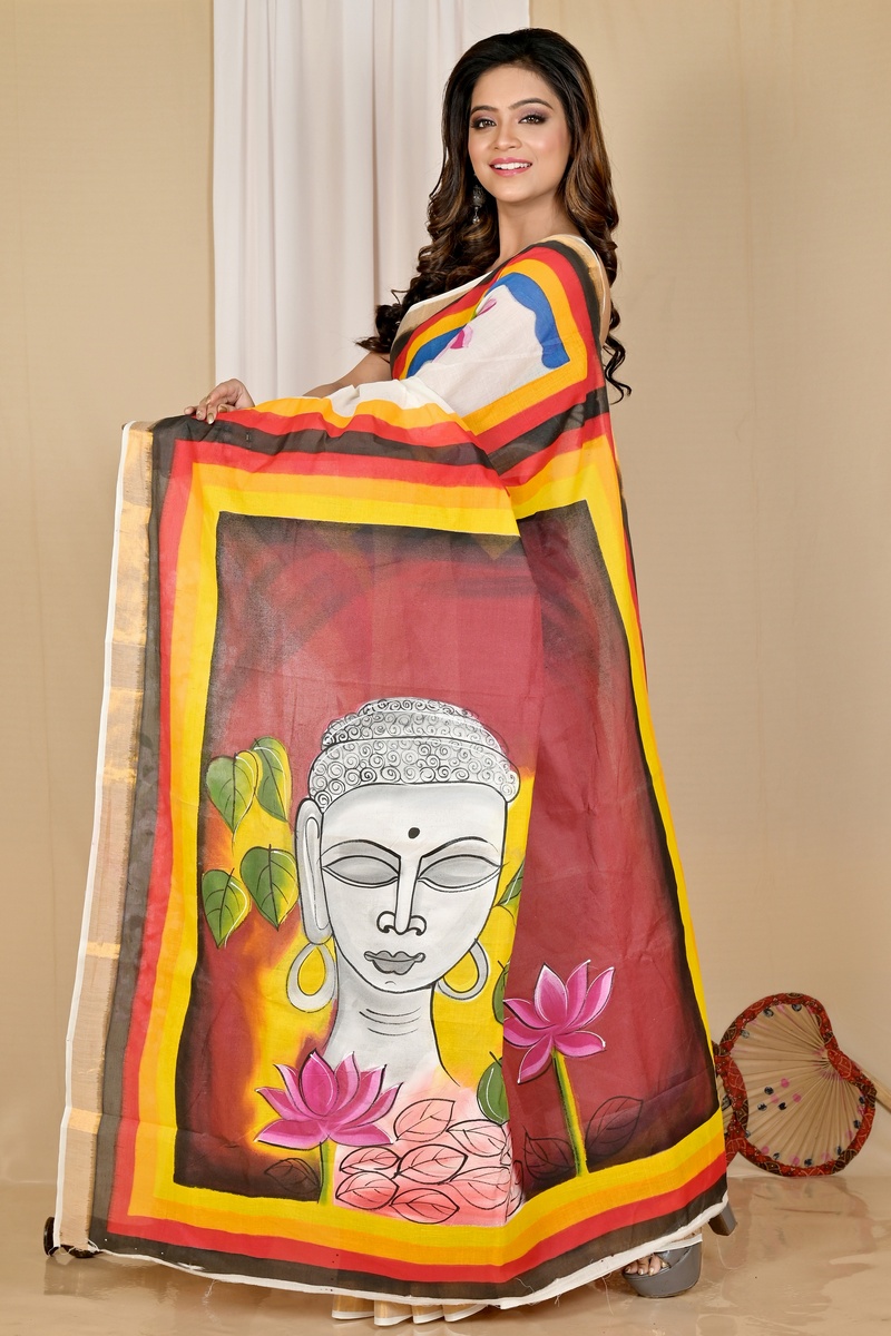 Multi-Coloured Pure Cotton Hataka Hand Painted Saree (9041)