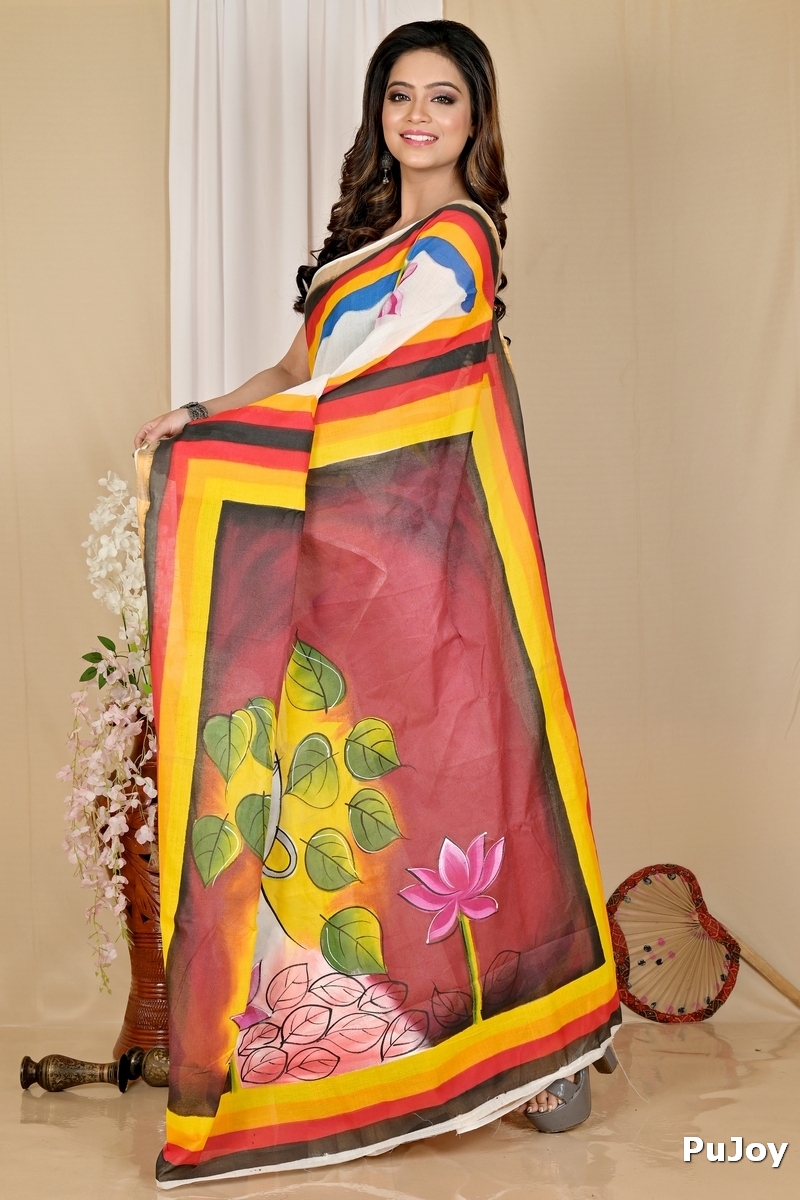 Multi-Coloured Pure Cotton Hataka Hand Painted Saree (9041)