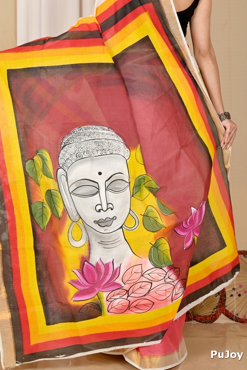 Multi-Coloured Pure Cotton Hataka Hand Painted Saree (9041)