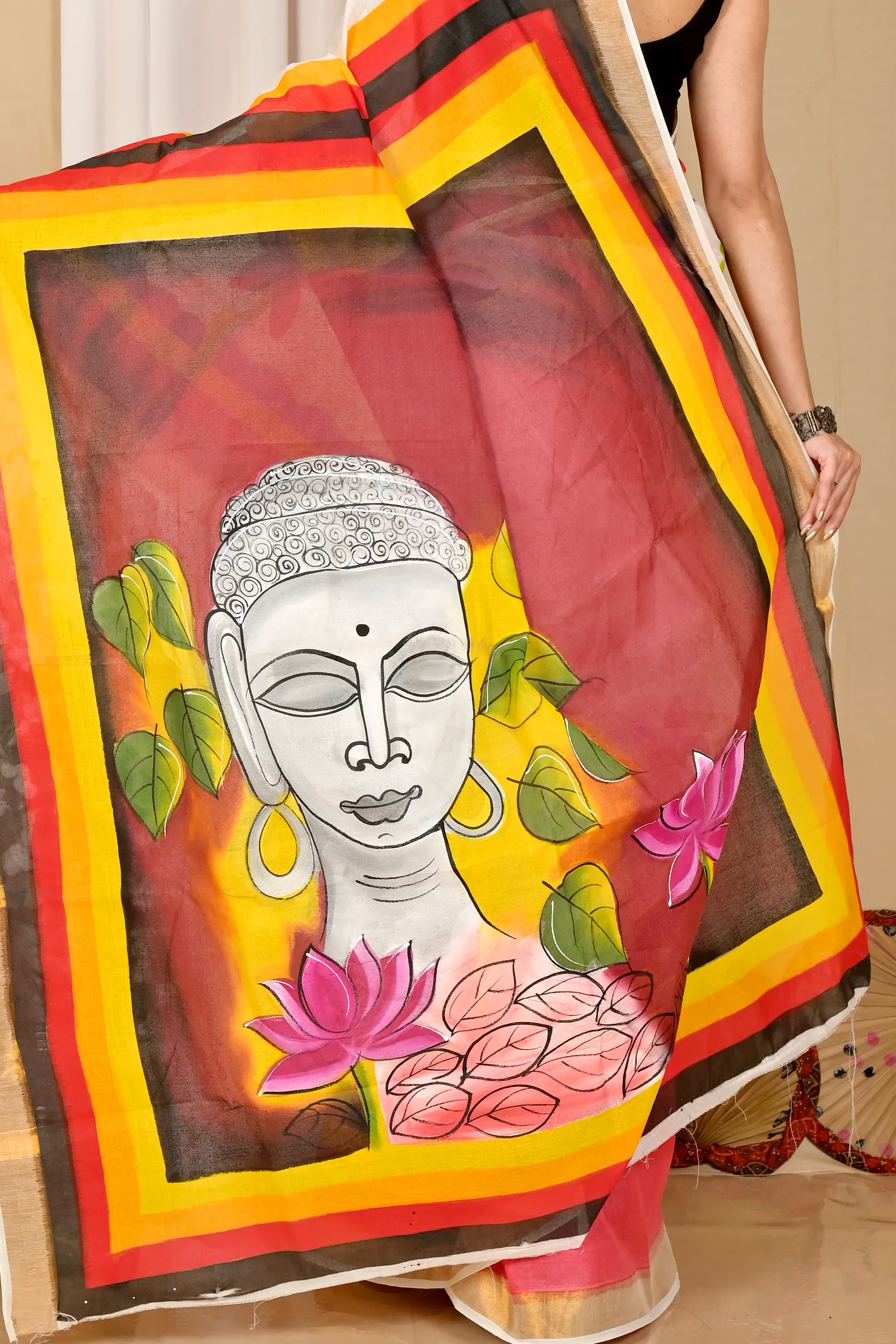 Multi-Coloured Pure Cotton Hataka Hand Painted Saree (9041)