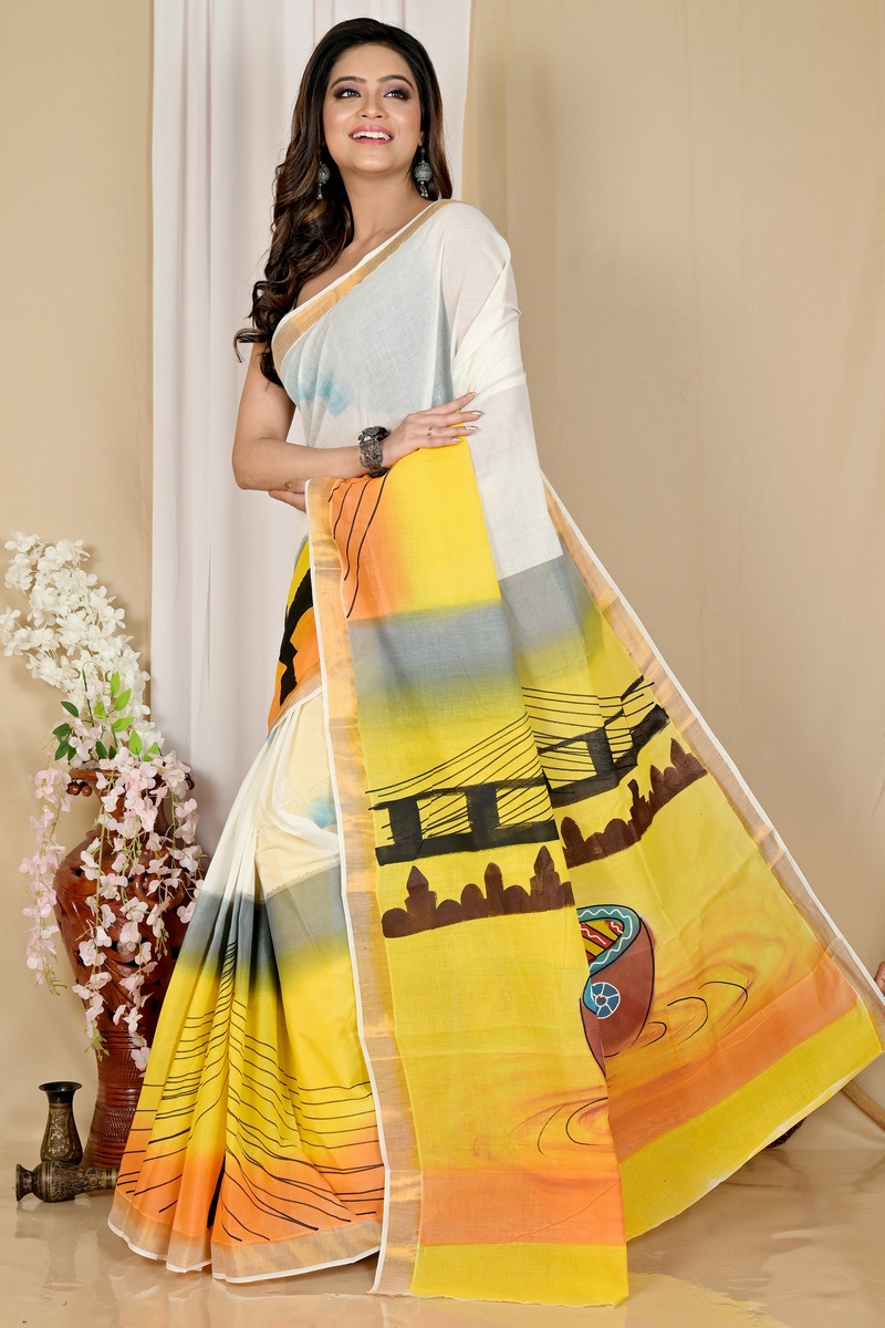 Multi-Coloured Pure Cotton Hataka Hand Painted Saree (9042)