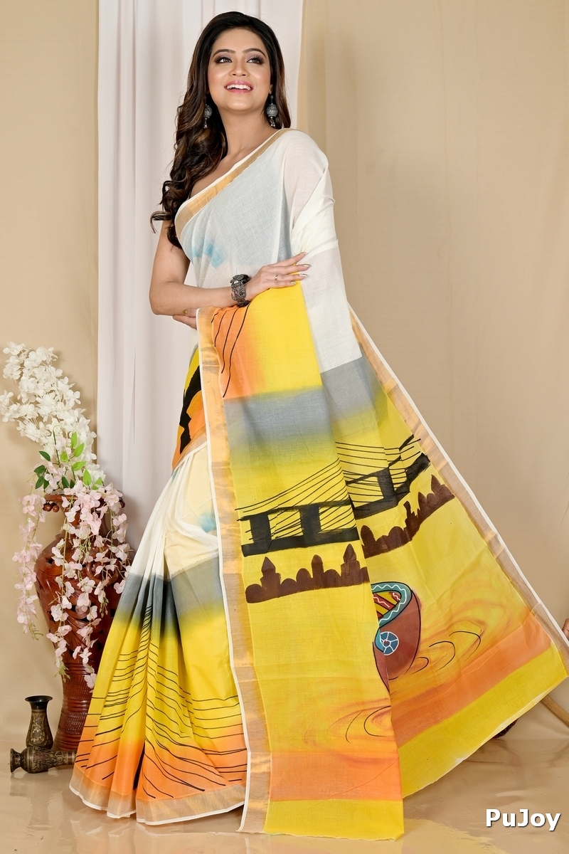Multi-Coloured Pure Cotton Hataka Hand Painted Saree (9042)