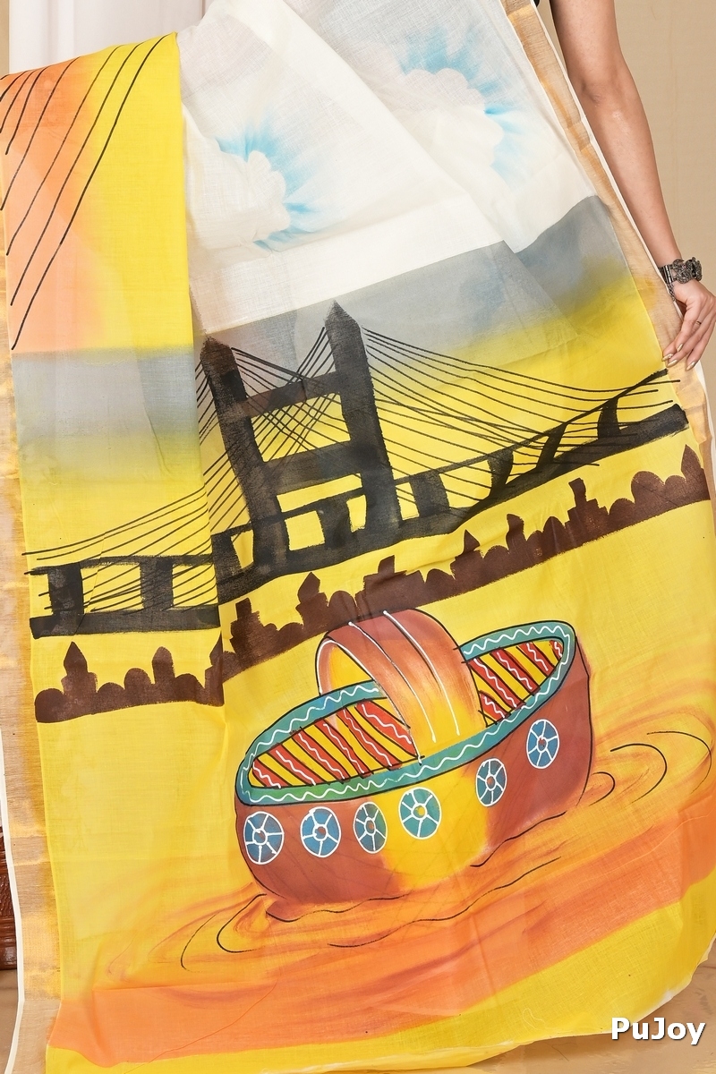 Multi-Coloured Pure Cotton Hataka Hand Painted Saree (9042)