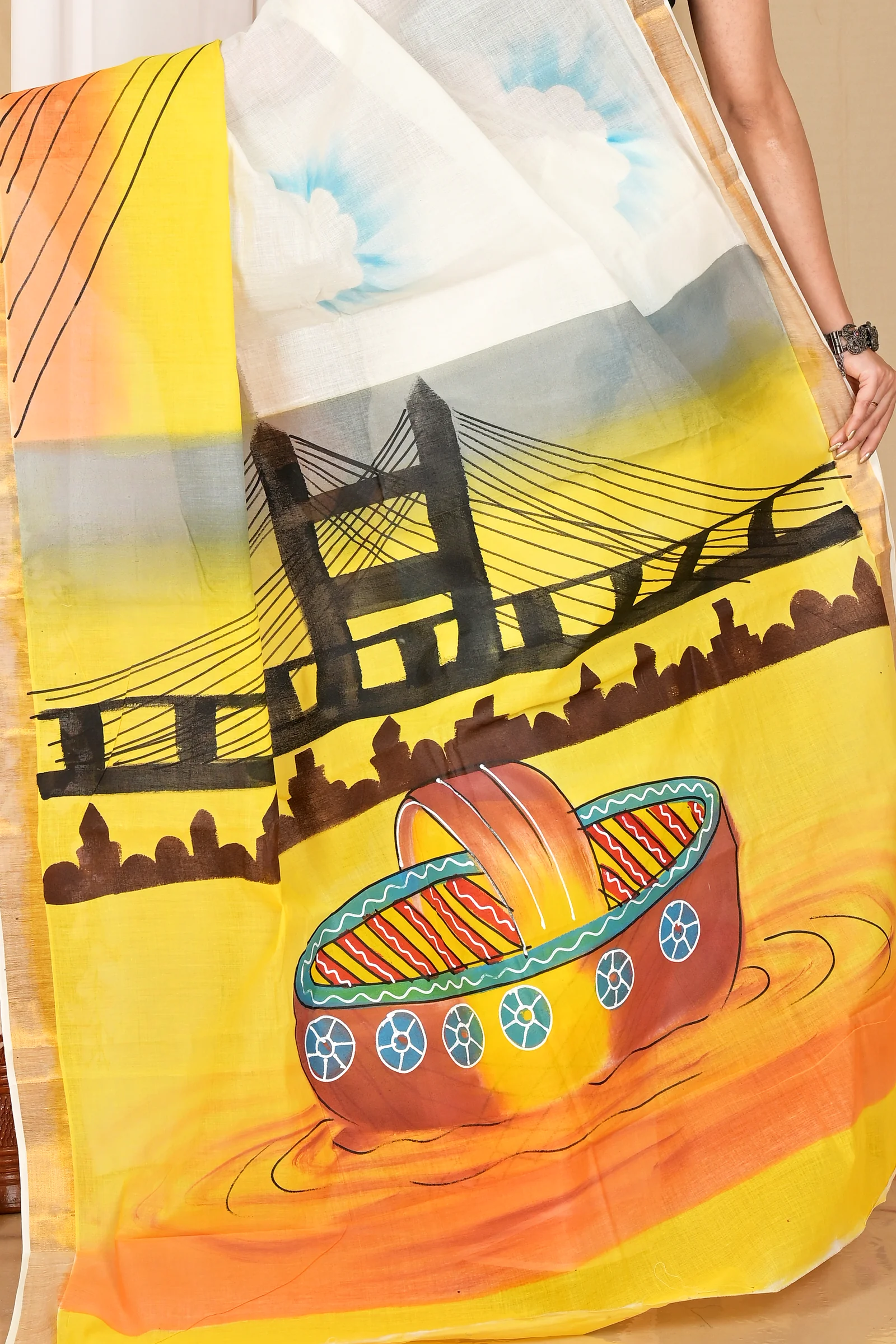 Multi-Coloured Pure Cotton Hataka Hand Painted Saree (9042)