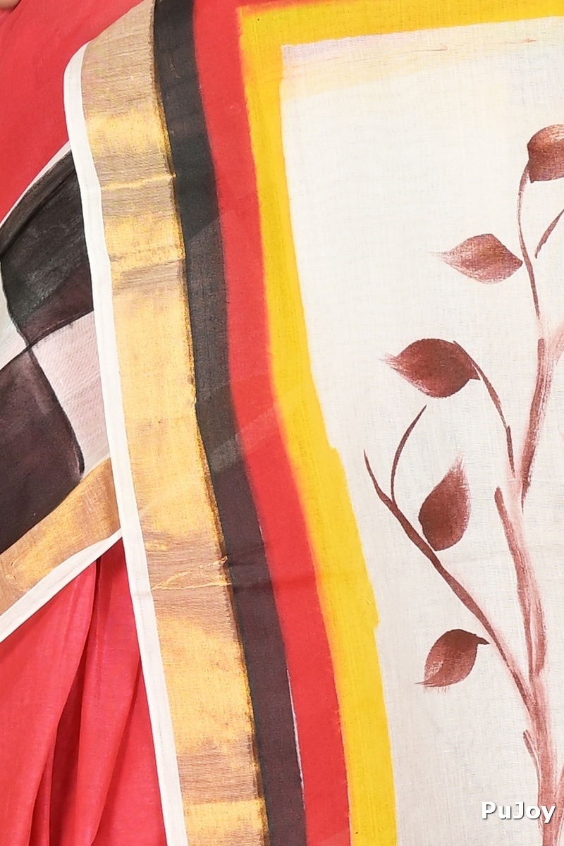 Multi-Coloured Pure Cotton Hataka Hand Painted Saree (9043)