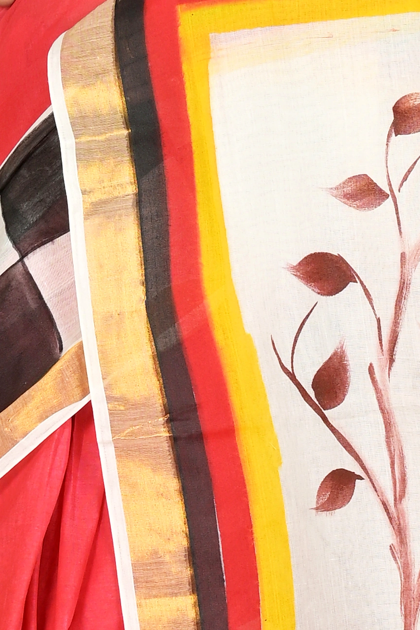 Multi-Coloured Pure Cotton Hataka Hand Painted Saree (9043)