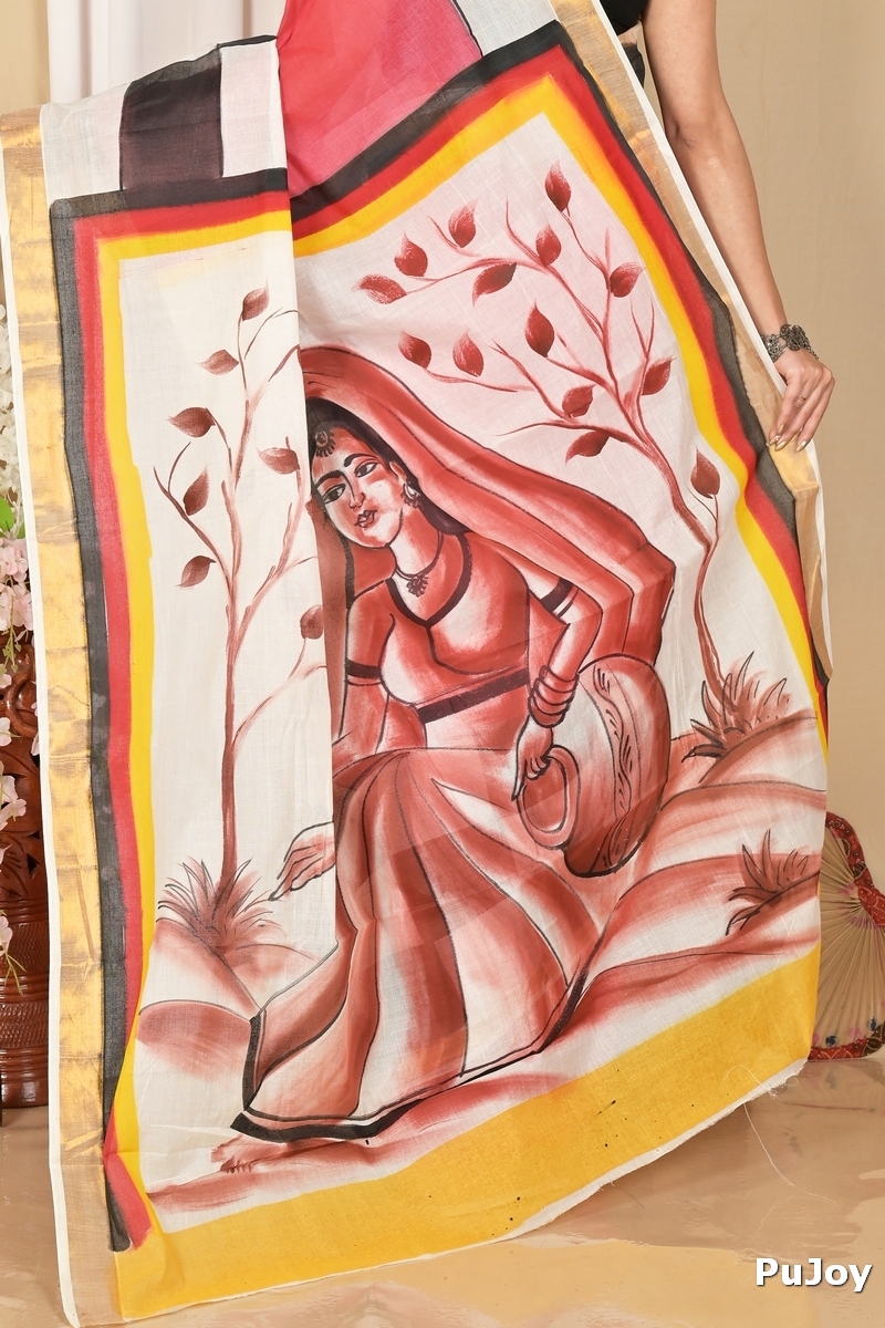 Multi-Coloured Pure Cotton Hataka Hand Painted Saree (9043)