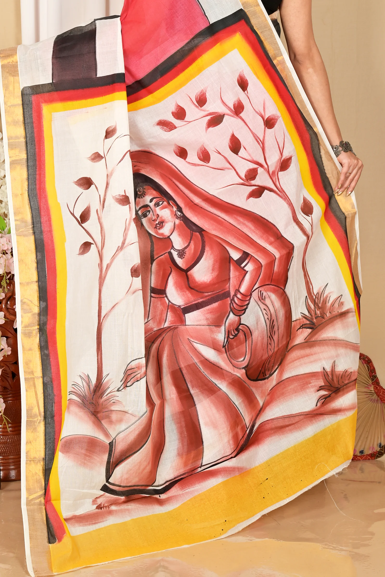 Multi-Coloured Pure Cotton Hataka Hand Painted Saree (9043)
