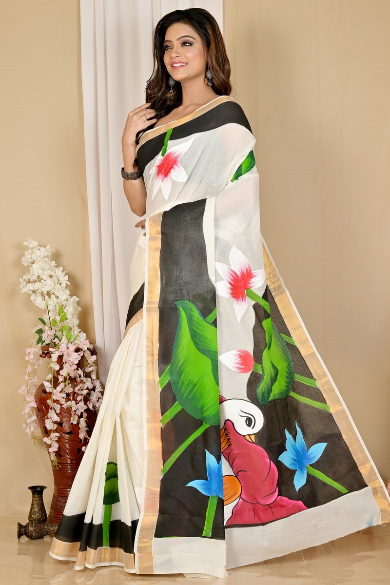 Multi-Coloured Pure Cotton Hataka Hand Painted Saree (9044)