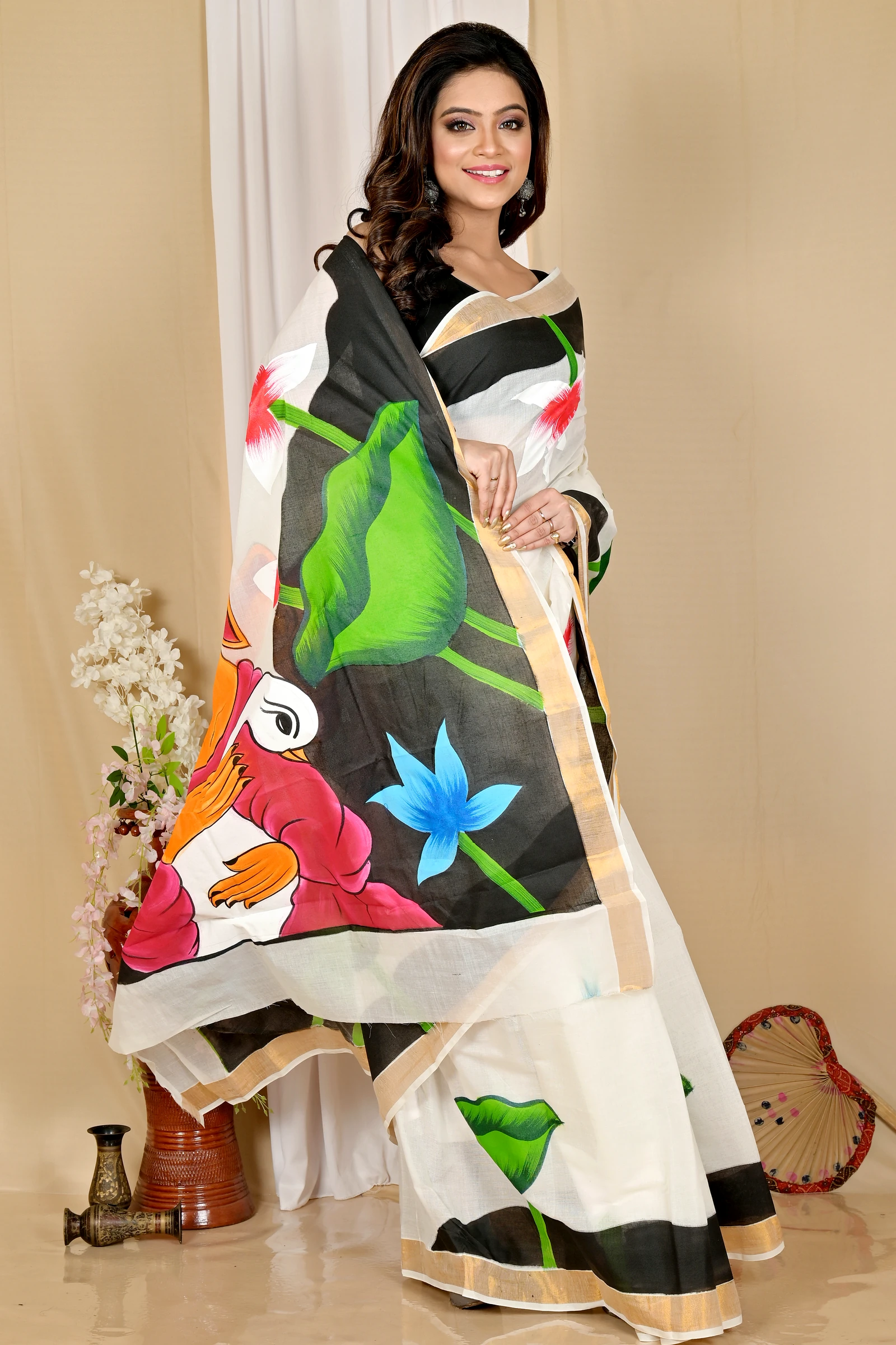Multi-Coloured Pure Cotton Hataka Hand Painted Saree (9044)