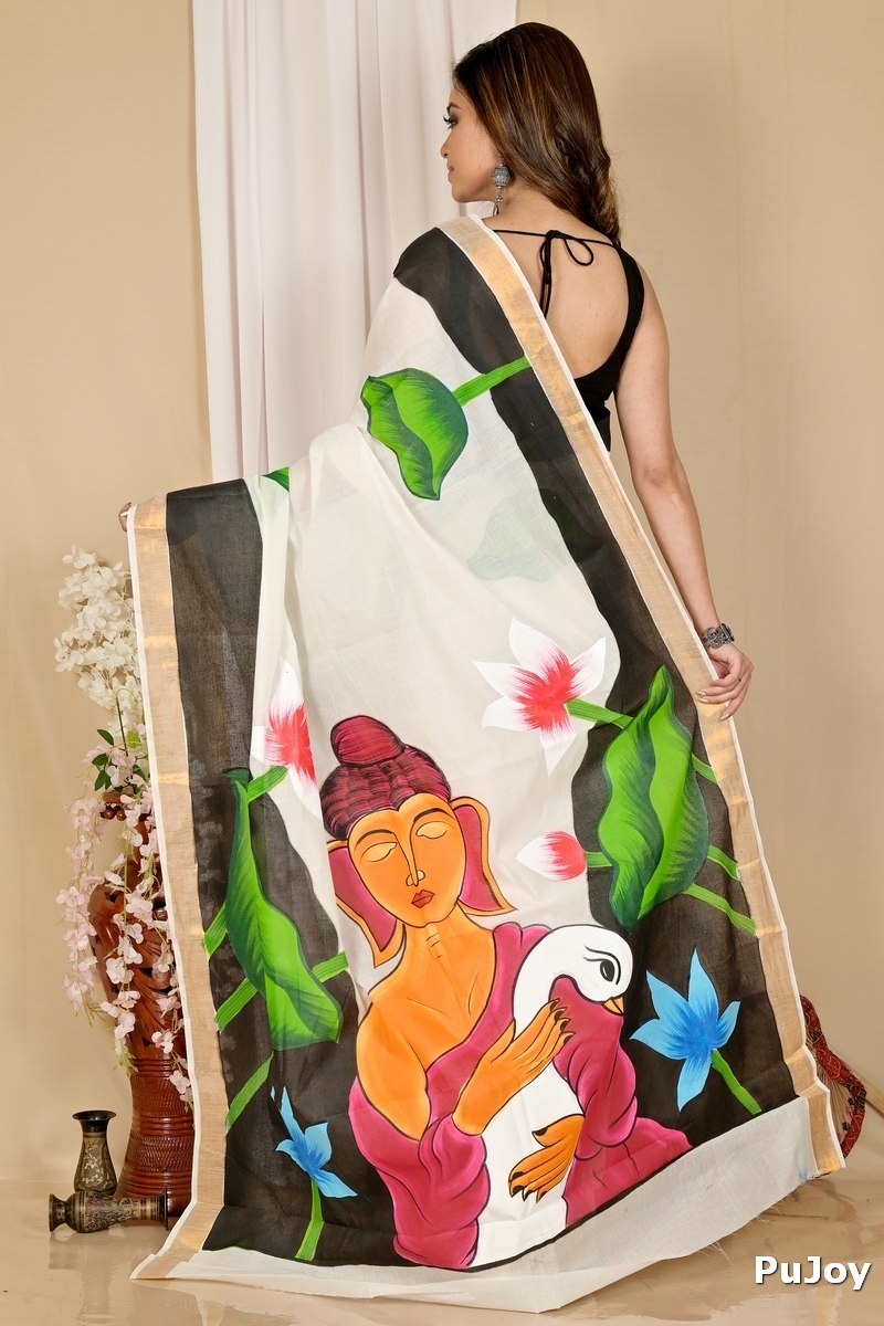 Multi-Coloured Pure Cotton Hataka Hand Painted Saree (9044)