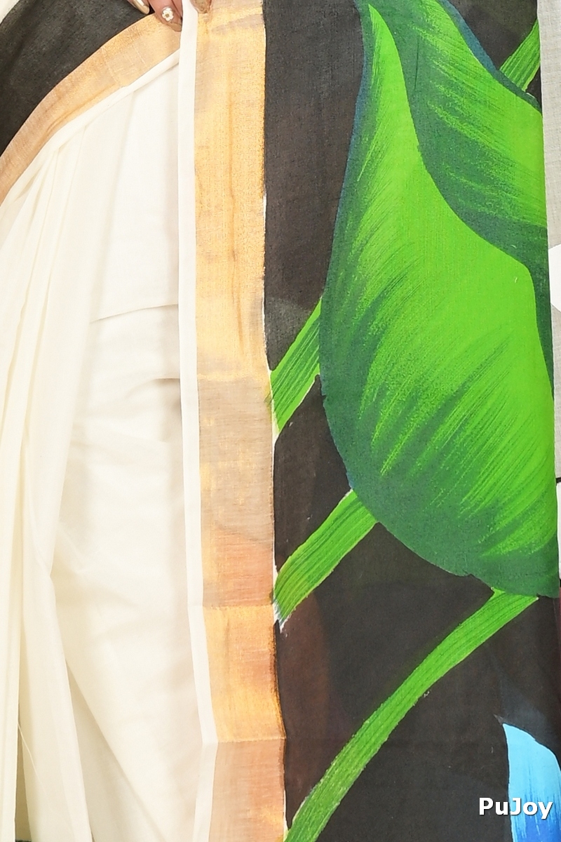 Multi-Coloured Pure Cotton Hataka Hand Painted Saree (9044)