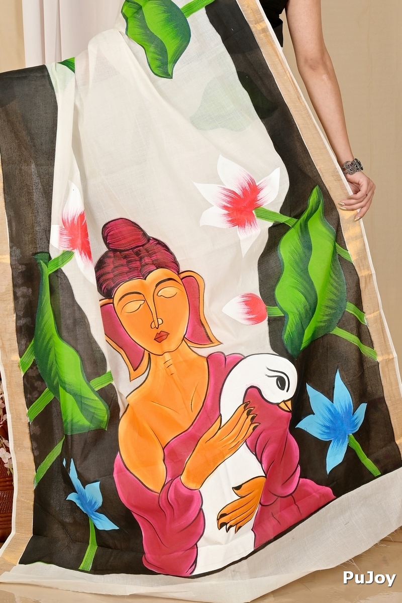 Multi-Coloured Pure Cotton Hataka Hand Painted Saree (9044)