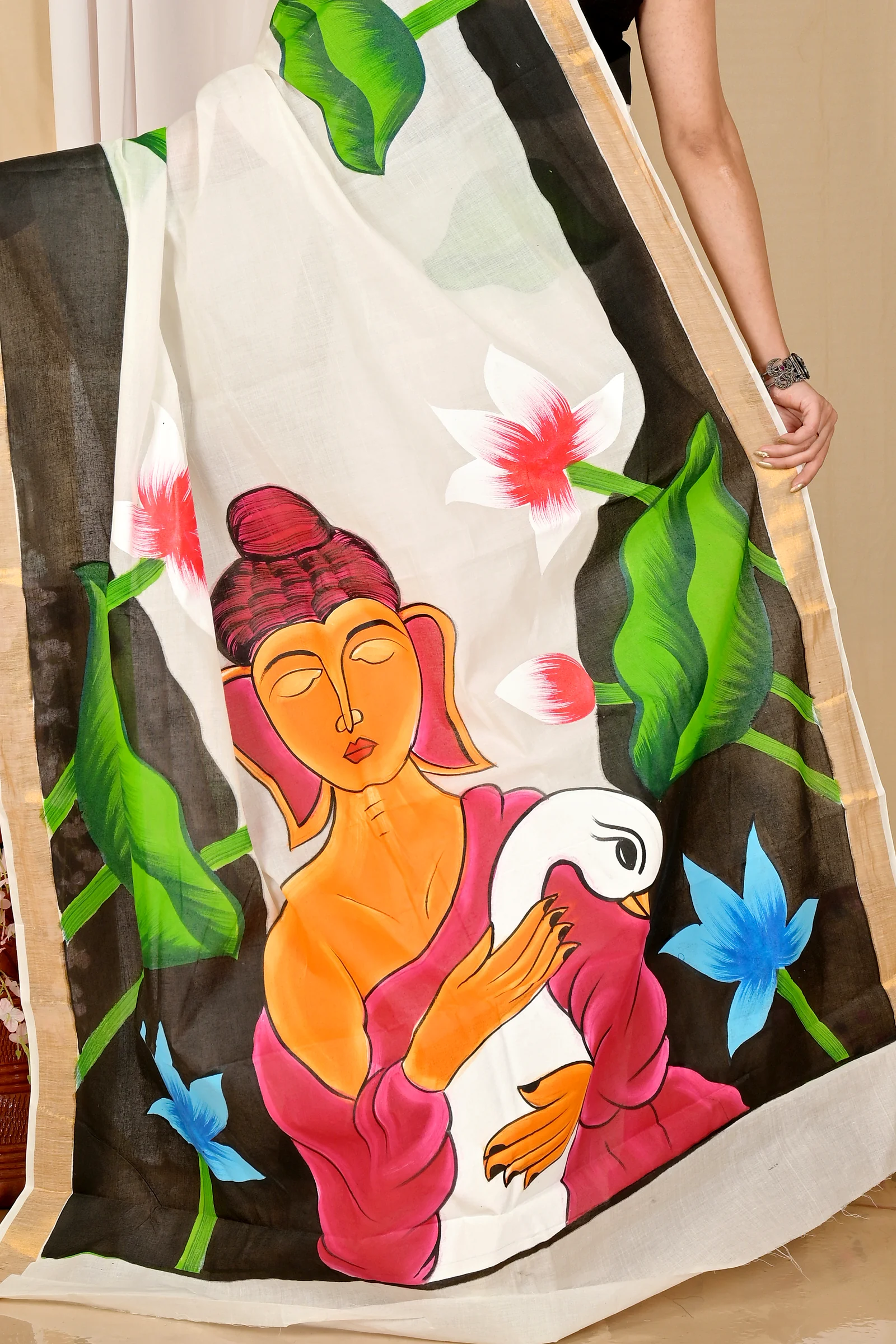 Multi-Coloured Pure Cotton Hataka Hand Painted Saree (9044)