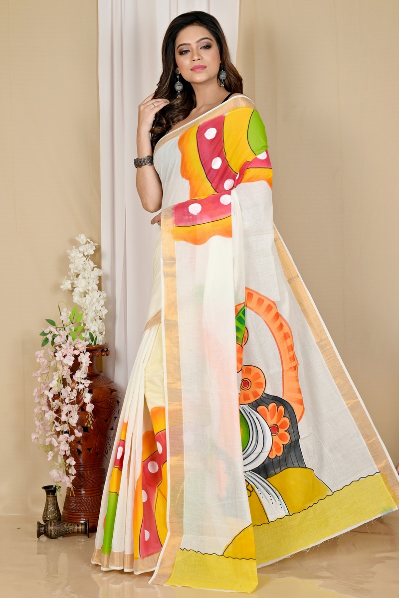 Multi-Coloured Pure Cotton Hataka Hand Painted Saree (9045)