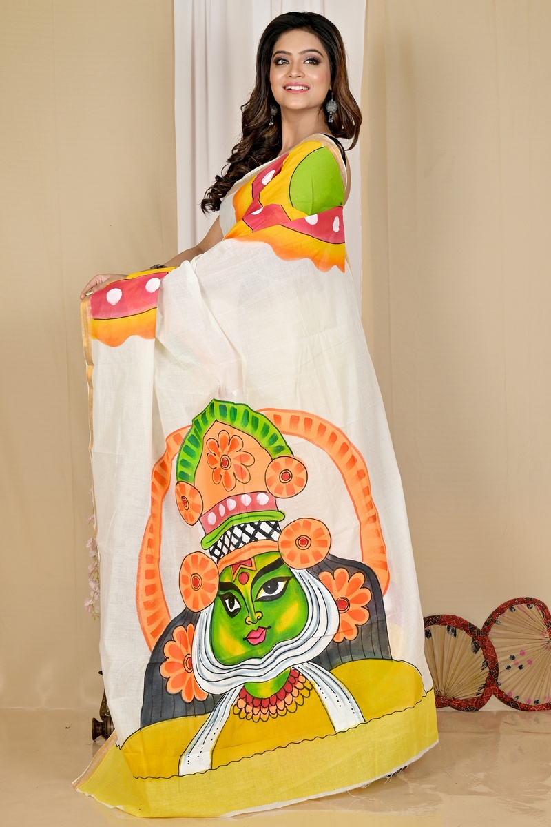 Multi-Coloured Pure Cotton Hataka Hand Painted Saree (9045)