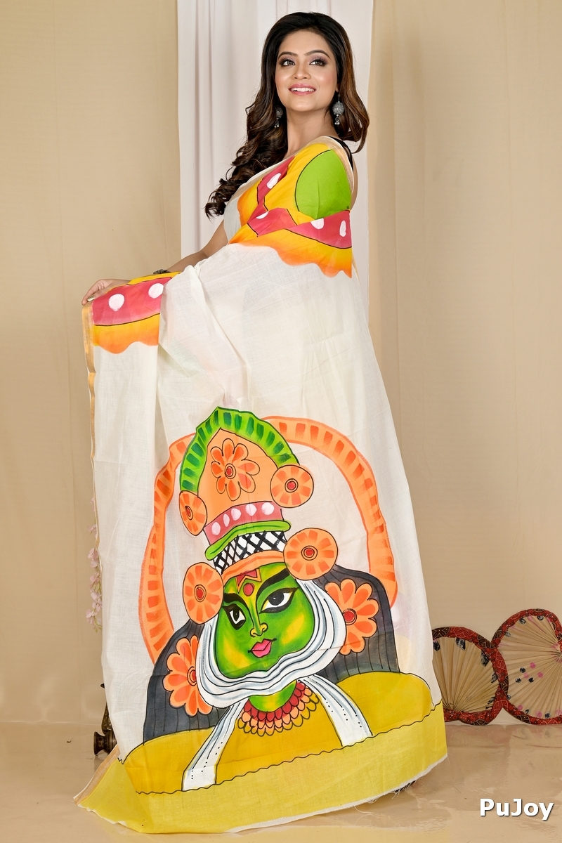 Multi-Coloured Pure Cotton Hataka Hand Painted Saree (9045)