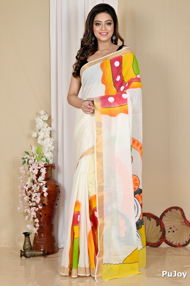 Multi-Coloured Pure Cotton Hataka Hand Painted Saree (9045)
