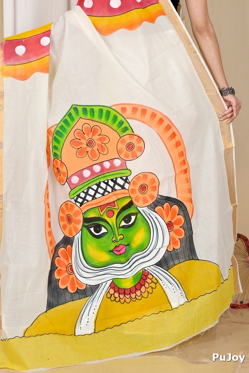 Multi-Coloured Pure Cotton Hataka Hand Painted Saree (9045)