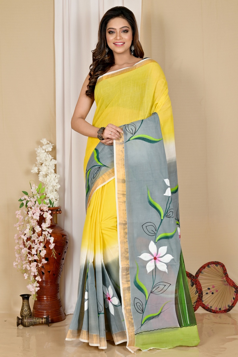 Multi-Coloured Pure Cotton Hataka Hand Painted Saree (9046)