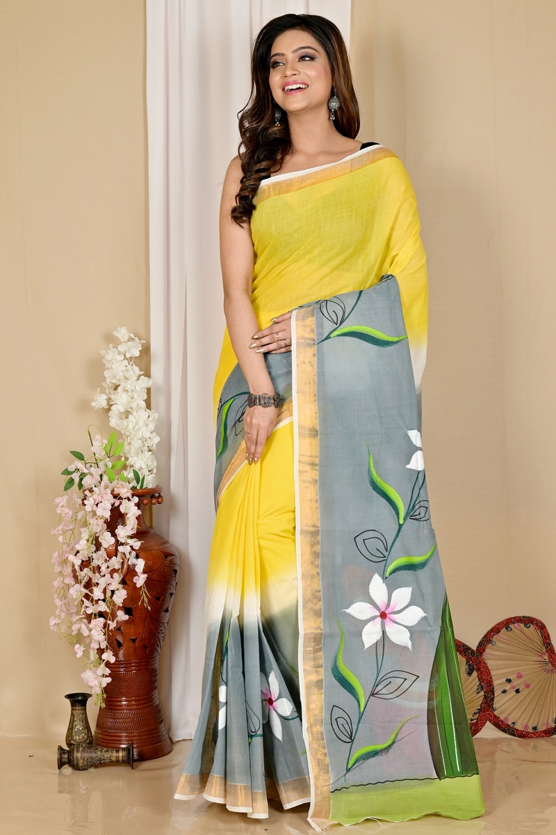 Multi-Coloured Pure Cotton Hataka Hand Painted Saree (9046)