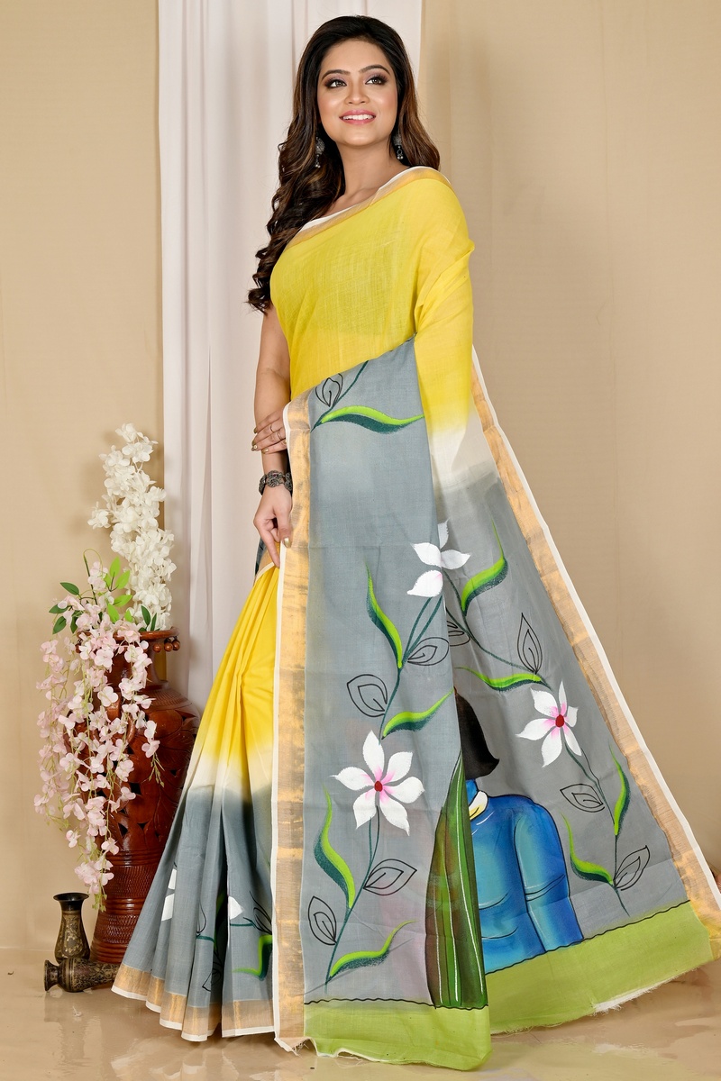 Multi-Coloured Pure Cotton Hataka Hand Painted Saree (9046)