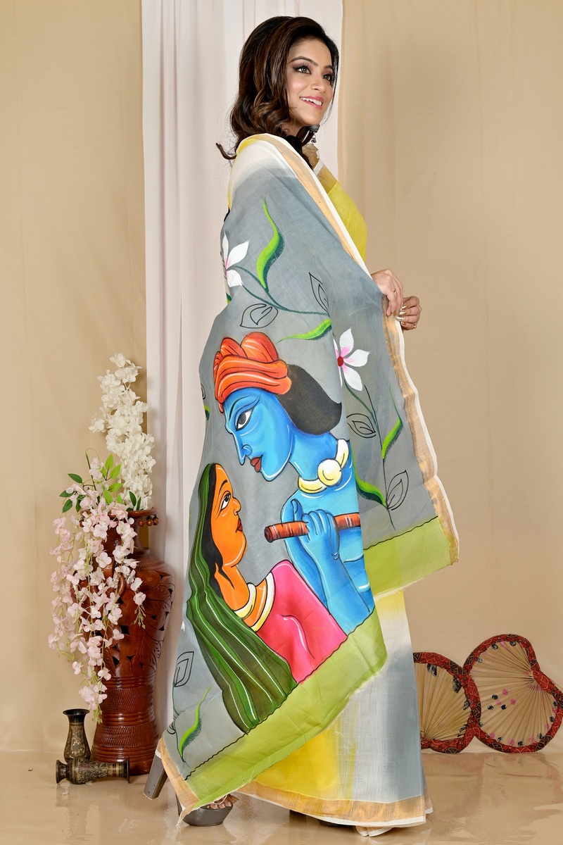 Multi-Coloured Pure Cotton Hataka Hand Painted Saree (9046)