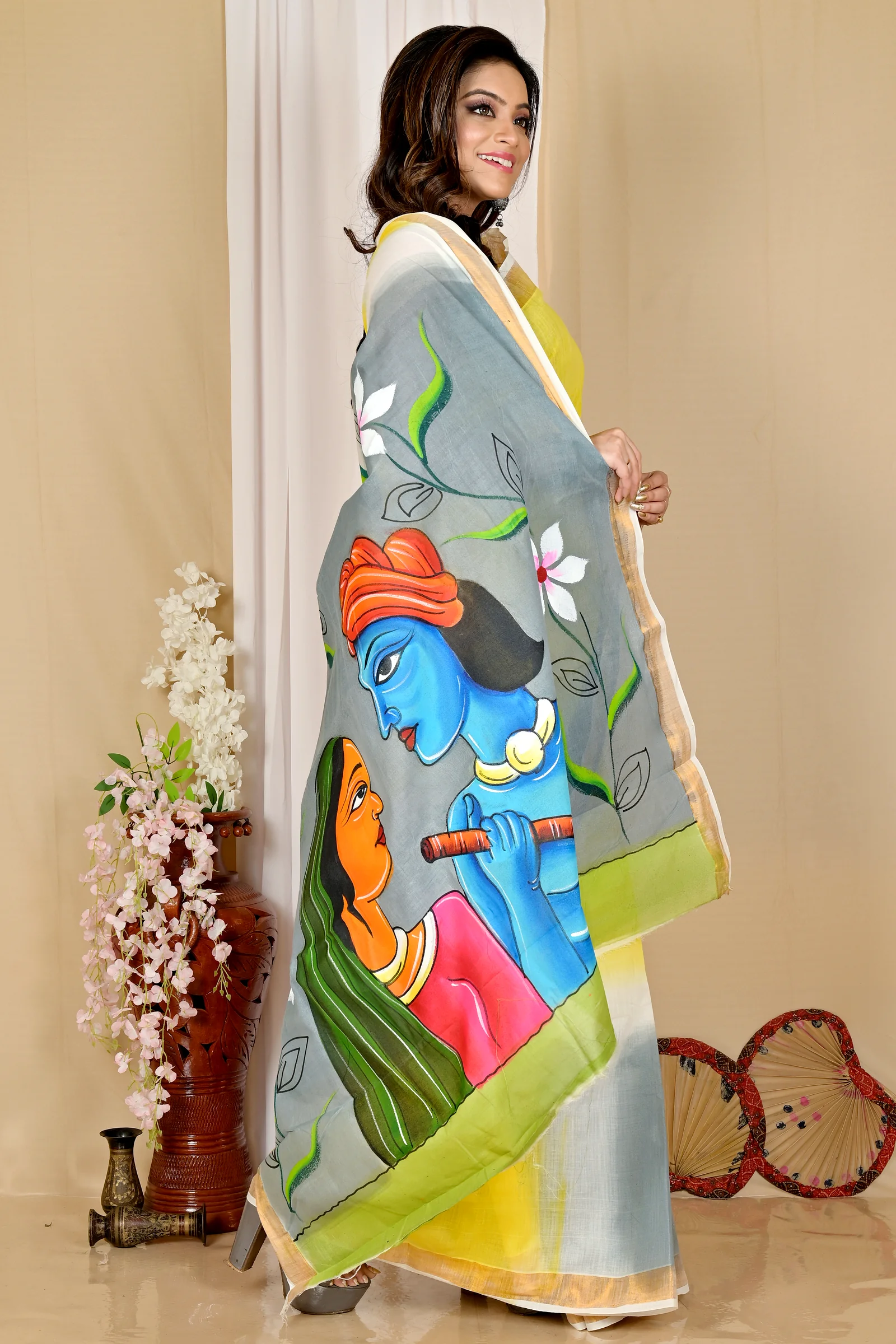 Multi-Coloured Pure Cotton Hataka Hand Painted Saree (9046)