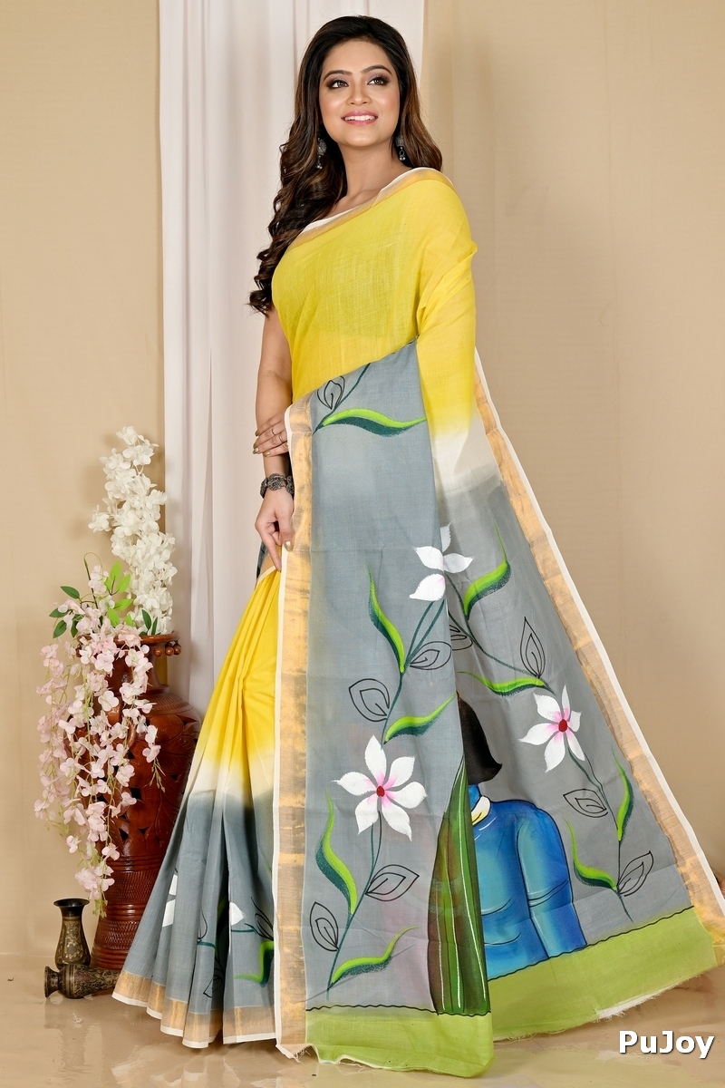 Multi-Coloured Pure Cotton Hataka Hand Painted Saree (9046)