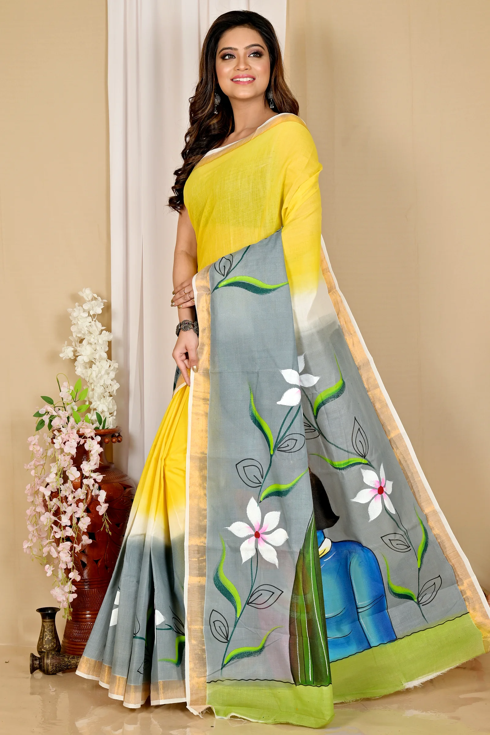Multi-Coloured Pure Cotton Hataka Hand Painted Saree (9046)