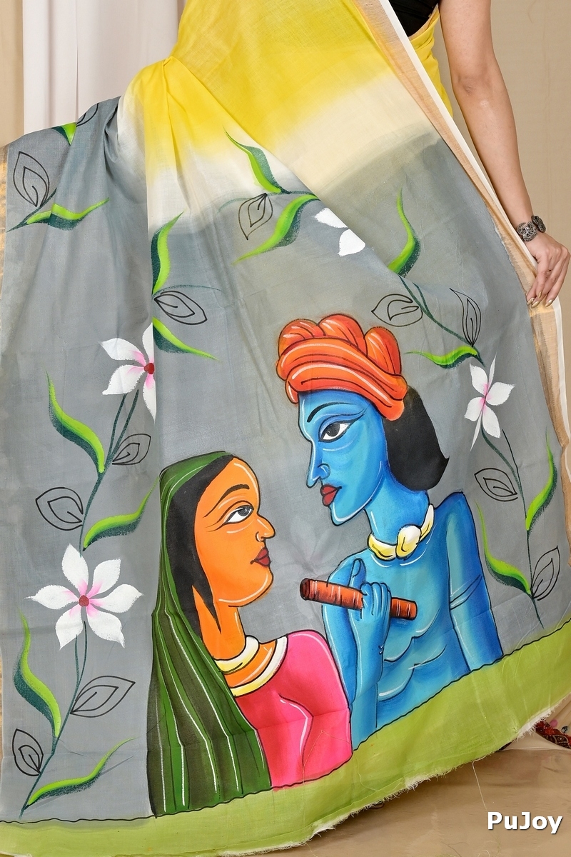 Multi-Coloured Pure Cotton Hataka Hand Painted Saree (9046)