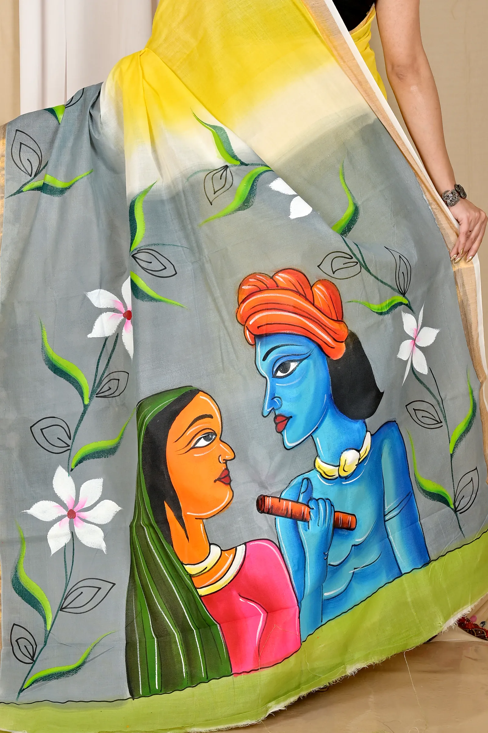 Multi-Coloured Pure Cotton Hataka Hand Painted Saree (9046)