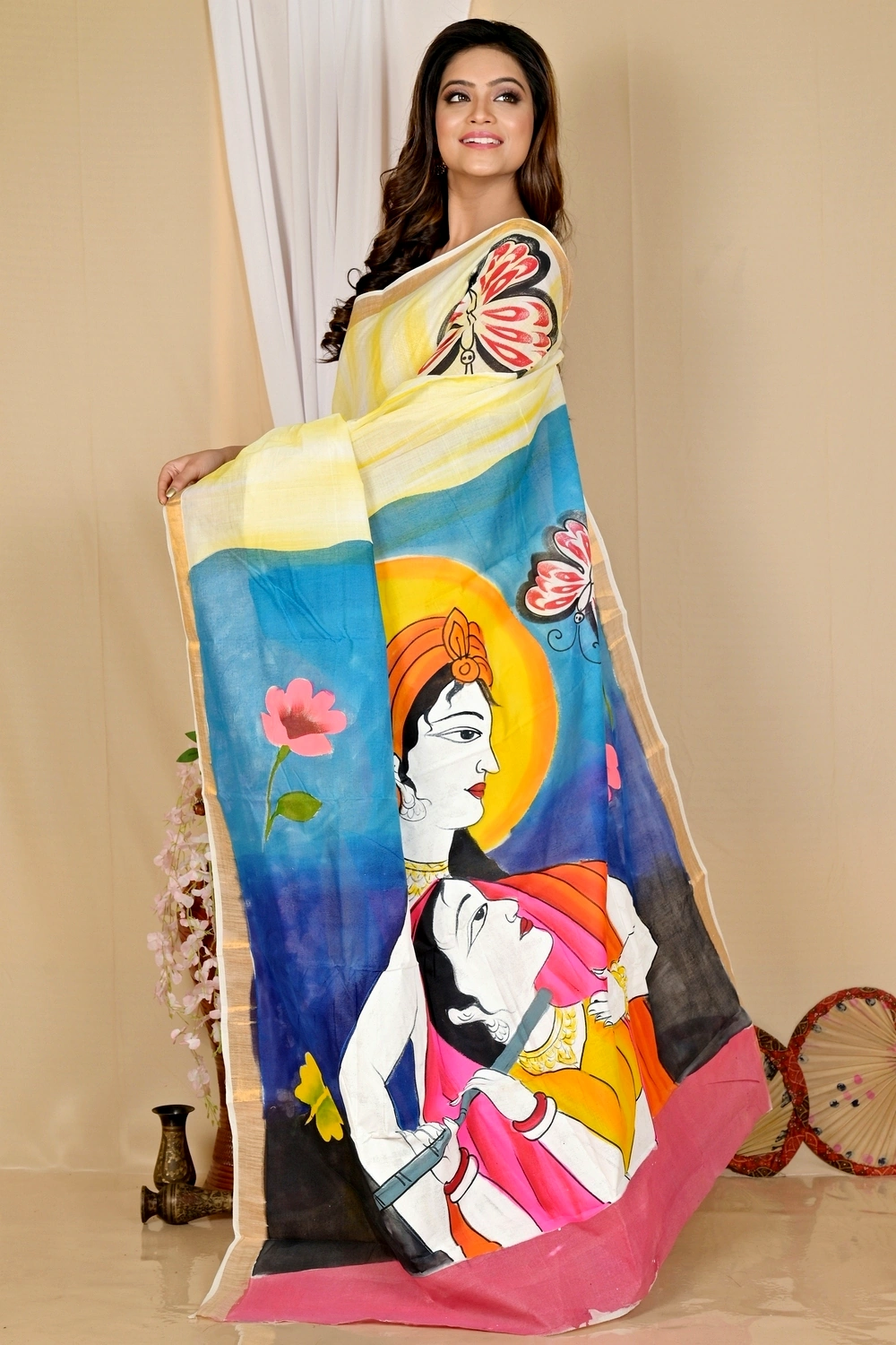 Multi-Coloured Pure Cotton Hataka Hand Painted Saree (9047)
