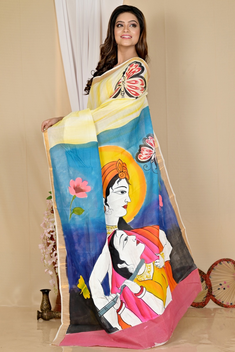 Multi-Coloured Pure Cotton Hataka Hand Painted Saree (9047)
