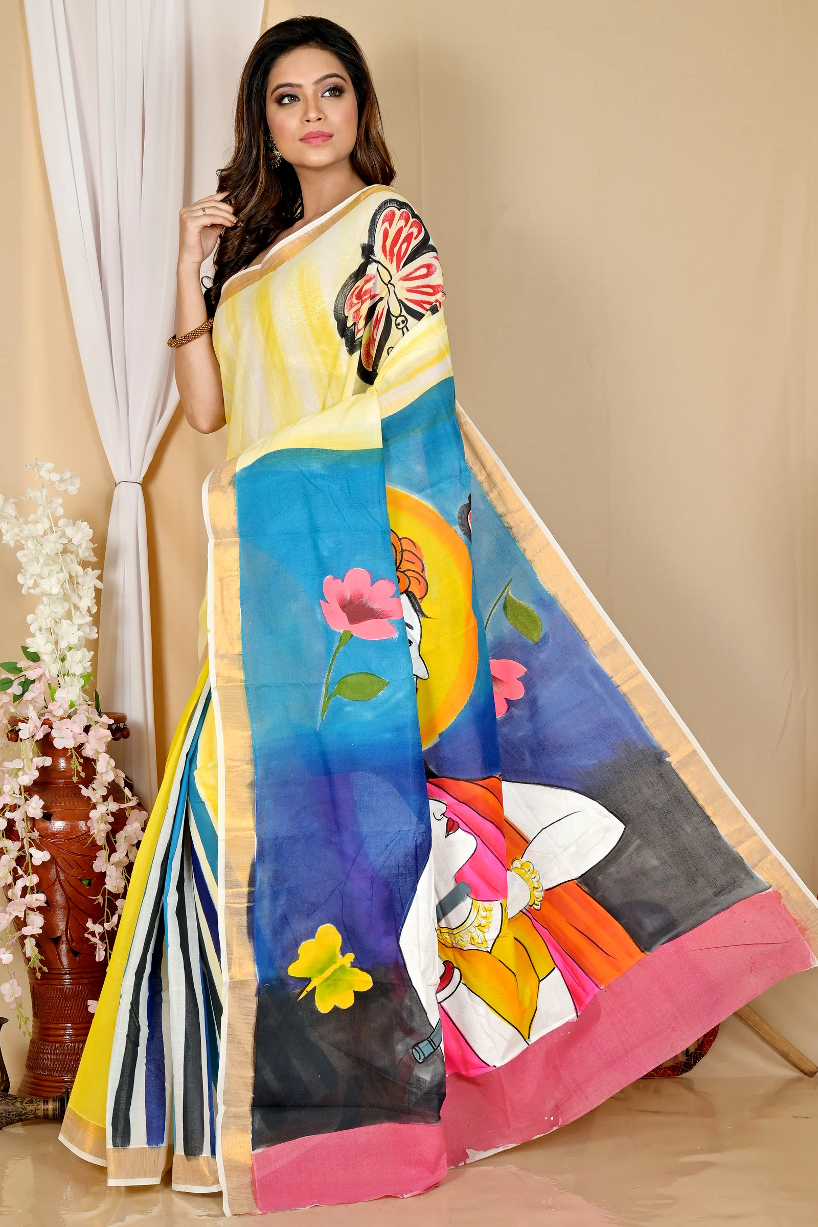 Multi-Coloured Pure Cotton Hataka Hand Painted Saree (9047)