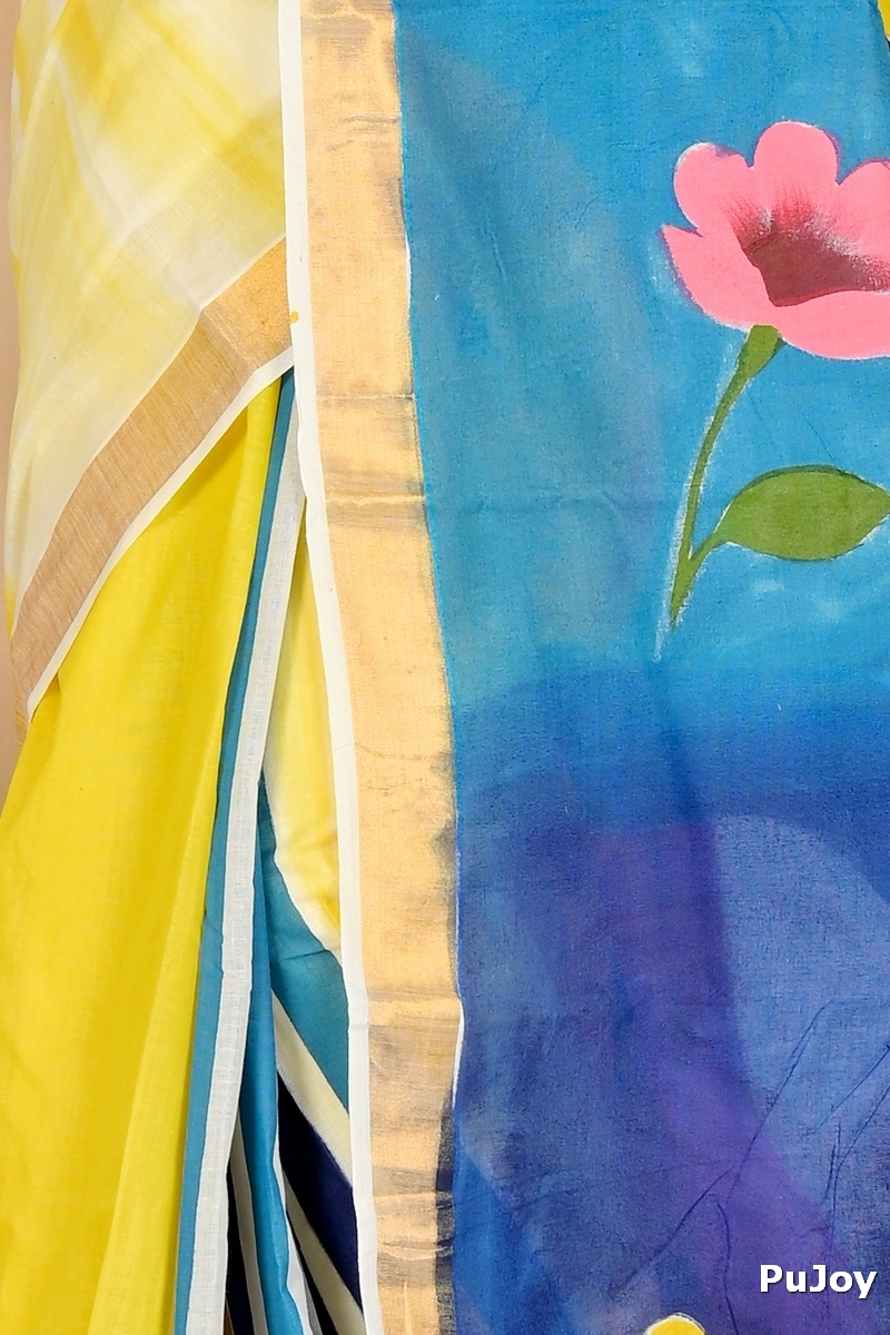 Multi-Coloured Pure Cotton Hataka Hand Painted Saree (9047)