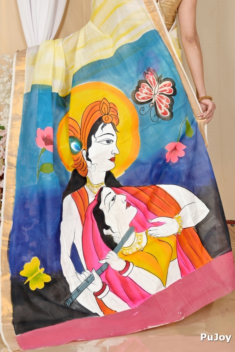 Multi-Coloured Pure Cotton Hataka Hand Painted Saree (9047)