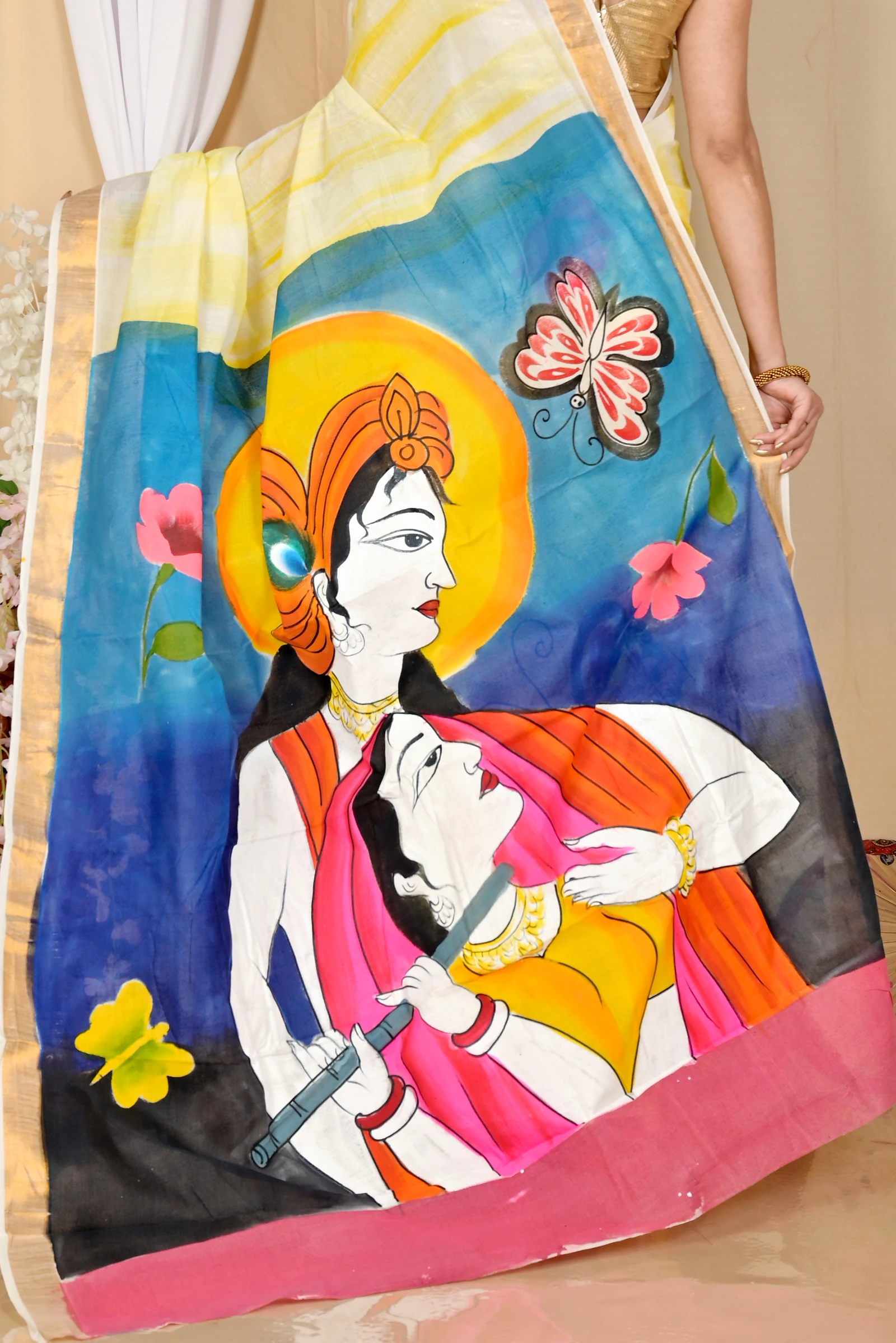 Multi-Coloured Pure Cotton Hataka Hand Painted Saree (9047)