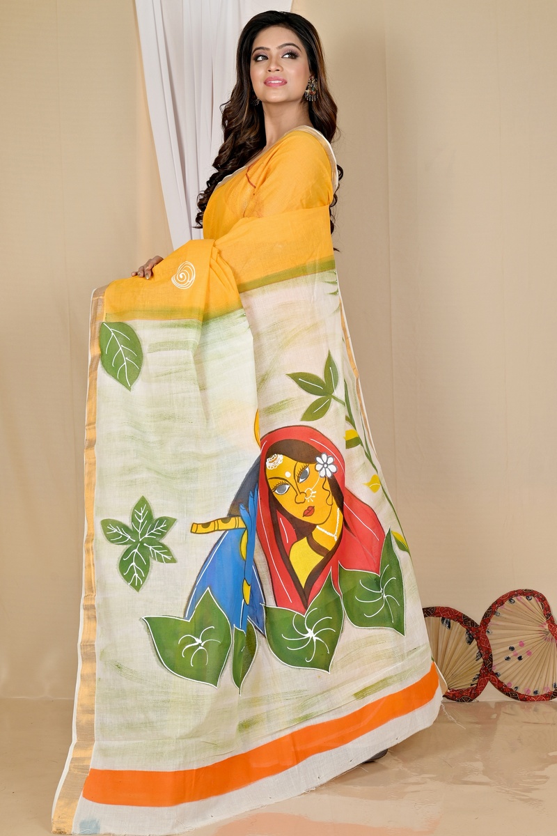 Multi-Coloured Pure Cotton Hataka Hand Painted Saree (9048)