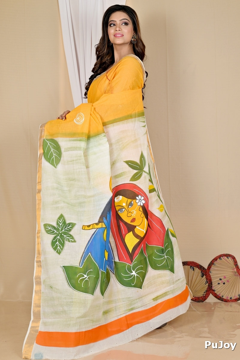 Multi-Coloured Pure Cotton Hataka Hand Painted Saree (9048)