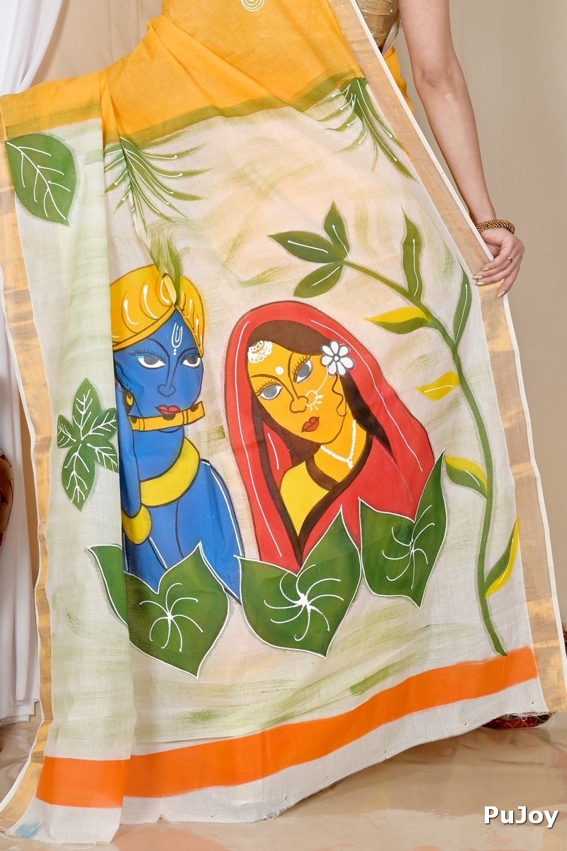 Multi-Coloured Pure Cotton Hataka Hand Painted Saree (9048)