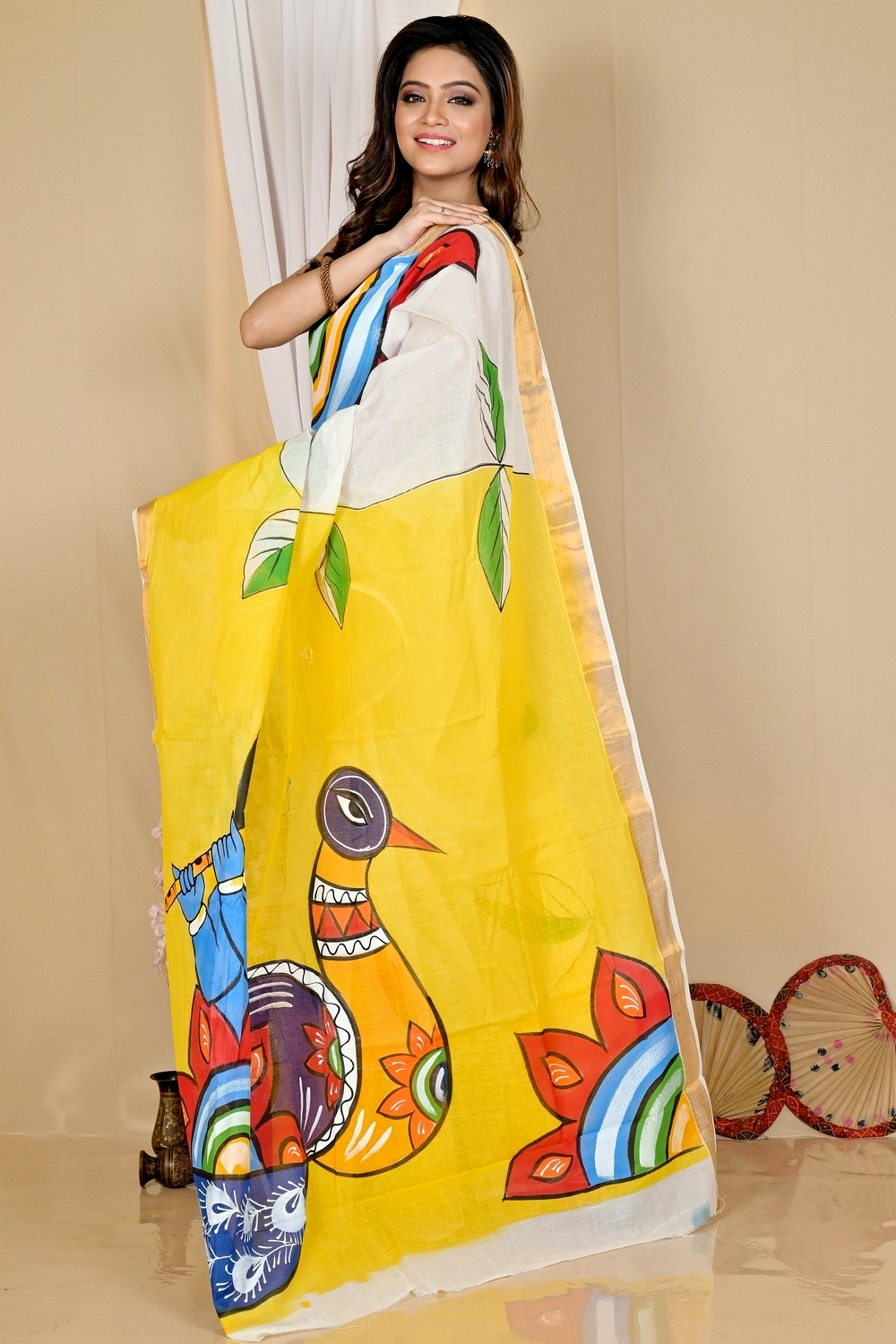 Multi-Coloured Pure Cotton Hataka Hand Painted Saree (9049)